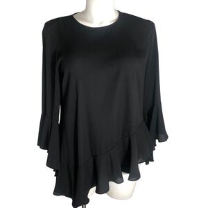 Chico’s Sz Large (2) bell sleeve asymmetrical black semi sheer top
